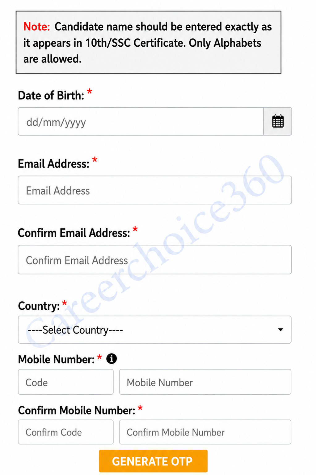 CAT Registration Form Screenshot